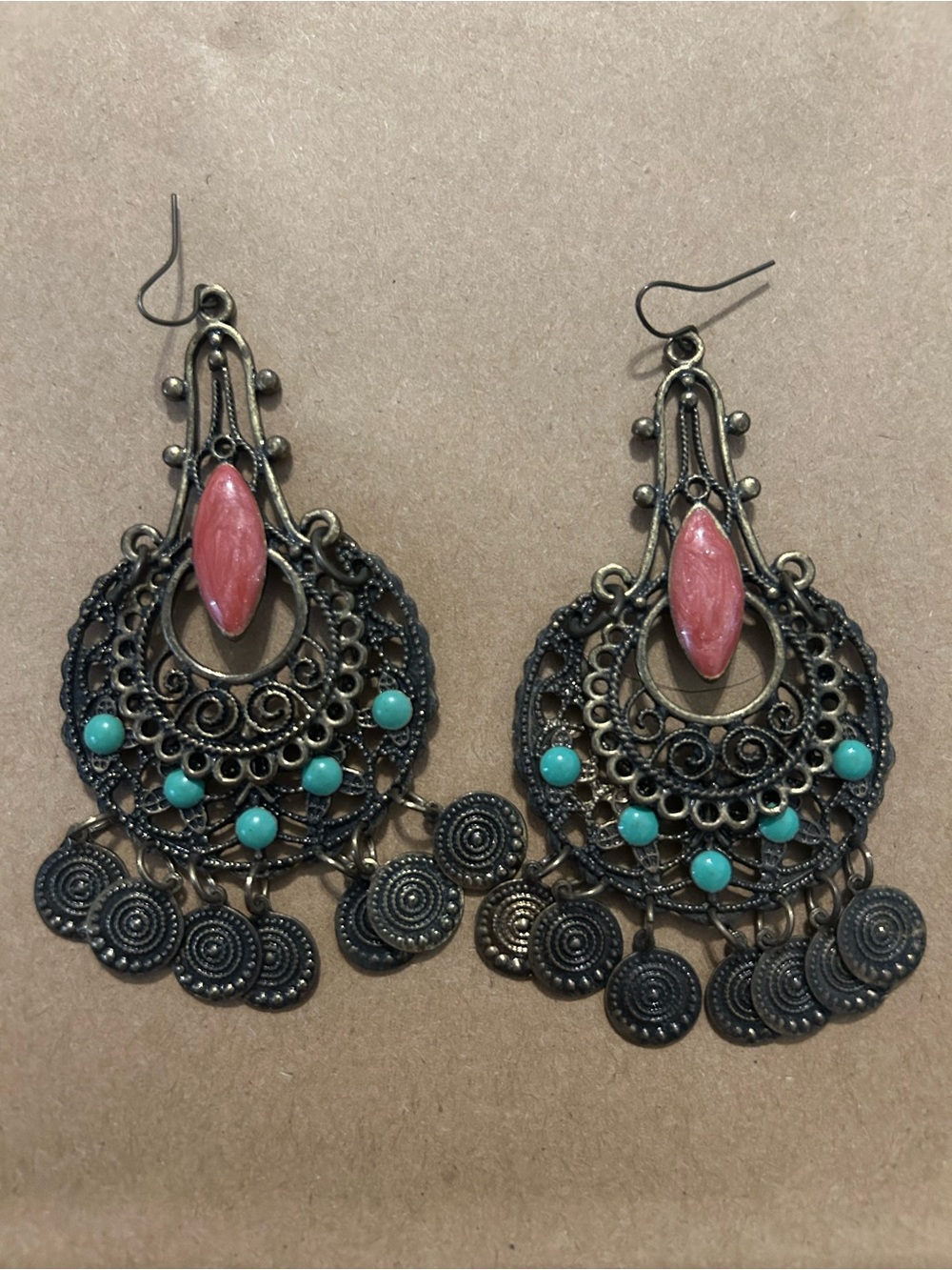 Boho Teardrop Filigree Earrings with Pink Stone and Turquoise Beads